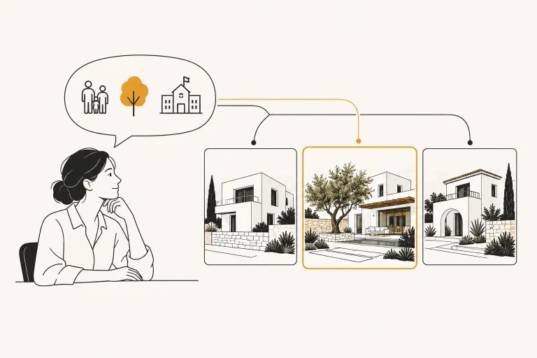 A family's specific requirements being compared with details in a property catalogue