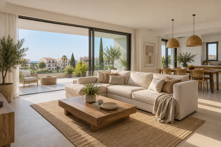 Example image of a sunlit living room opening onto a terrace