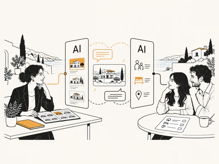 An agency professional and home seekers each use their own AI assistant, with the assistants exchanging property information