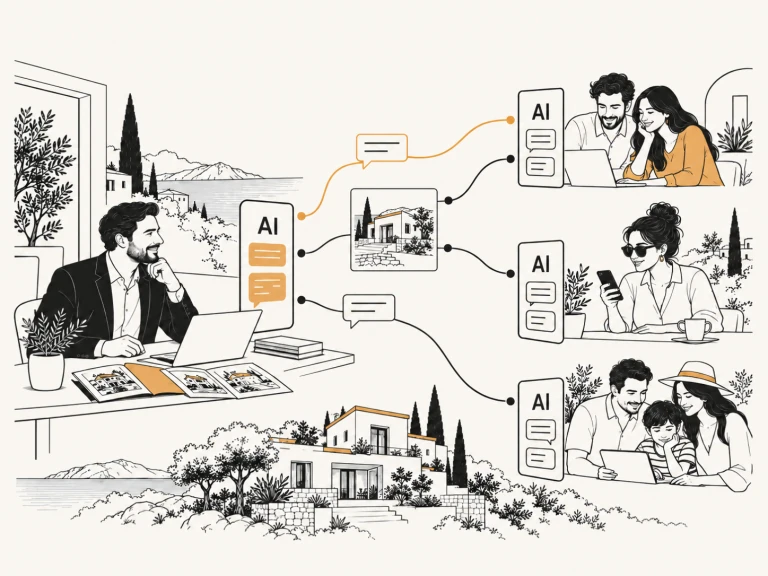 Several home seekers and their AI assistants connect with an agency's AI assistant, while people remain in control